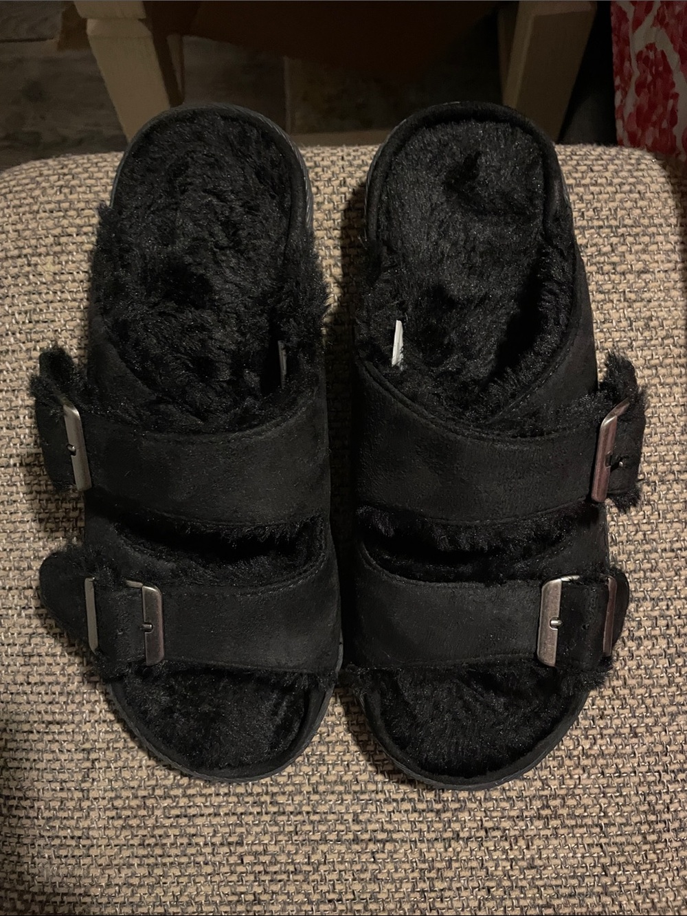 Faux Fur Double-Buckle Slide Slippers - Black